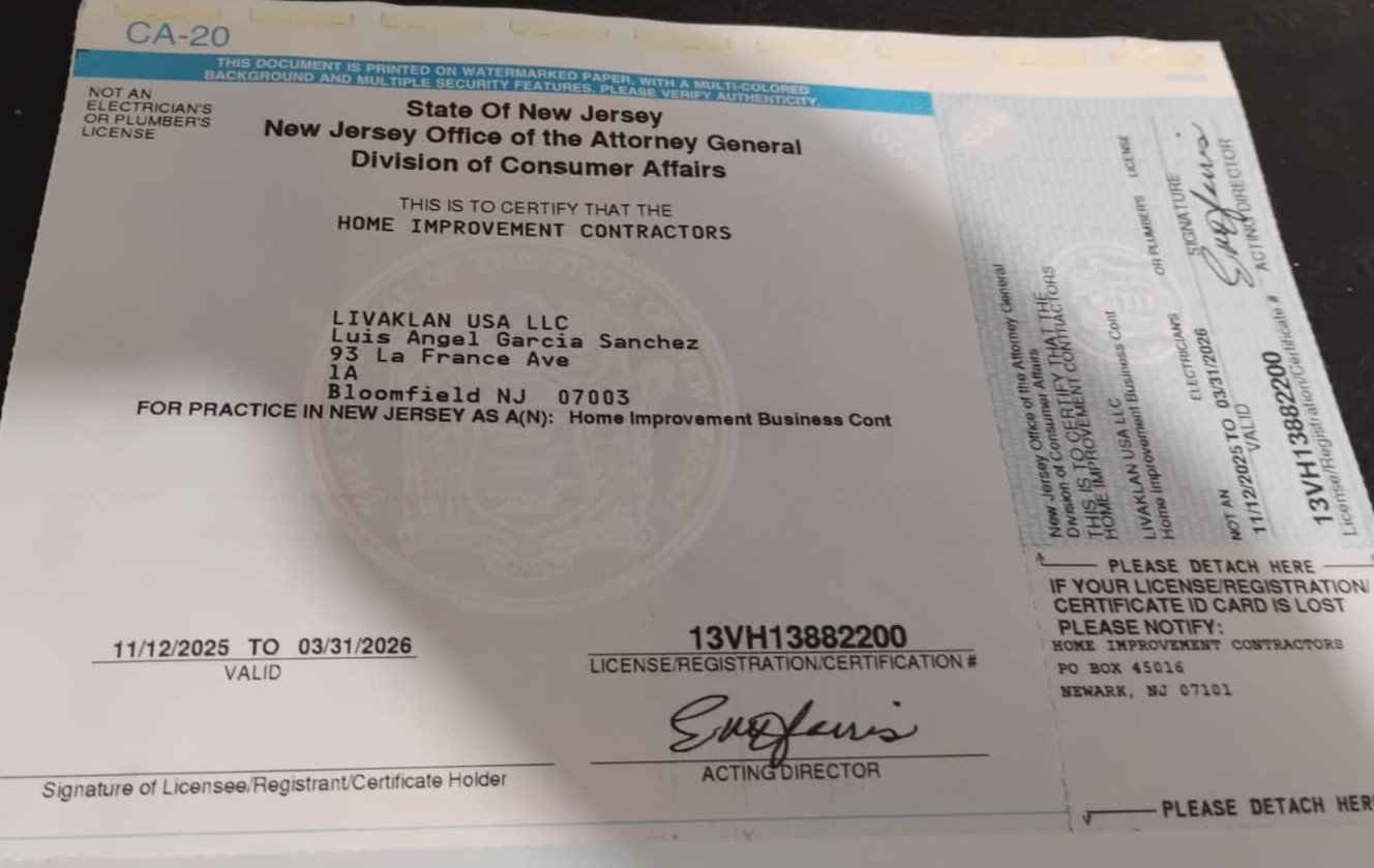 Official New Jersey License Correspondence - Livaklan USA LLC